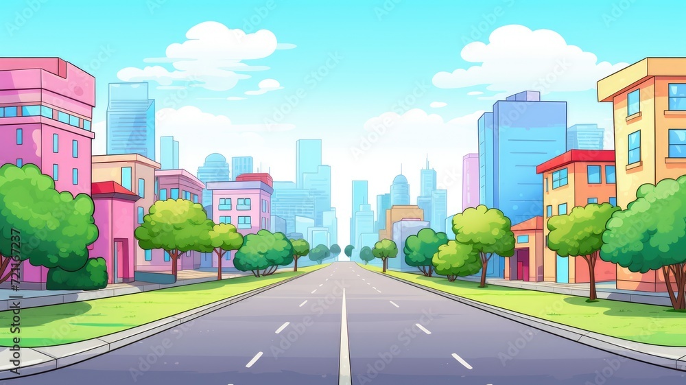 cartoon Illustration of a city landscape with buildings and road