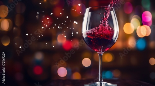 A dynamic splash of red wine in a clear glass against a blurred festive light background.