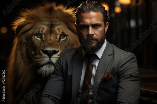 Conquering Fear: A Confident Businessman Faces a Lion, Exemplifying Courage and Fearlessness in the Corporate World