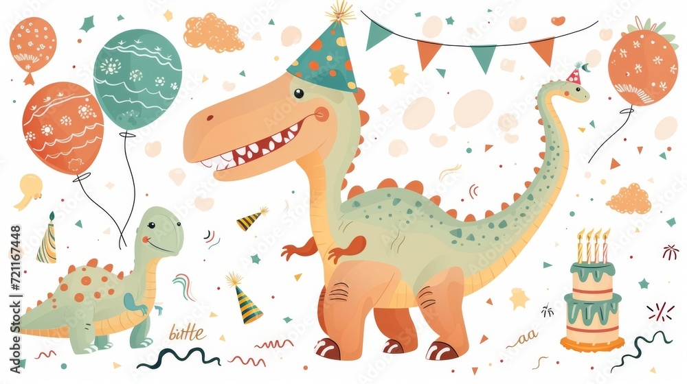 Fototapeta premium Cartoon dinosaur with birthday balloons, cake, and hats in a colorful birthday celebration scene.
