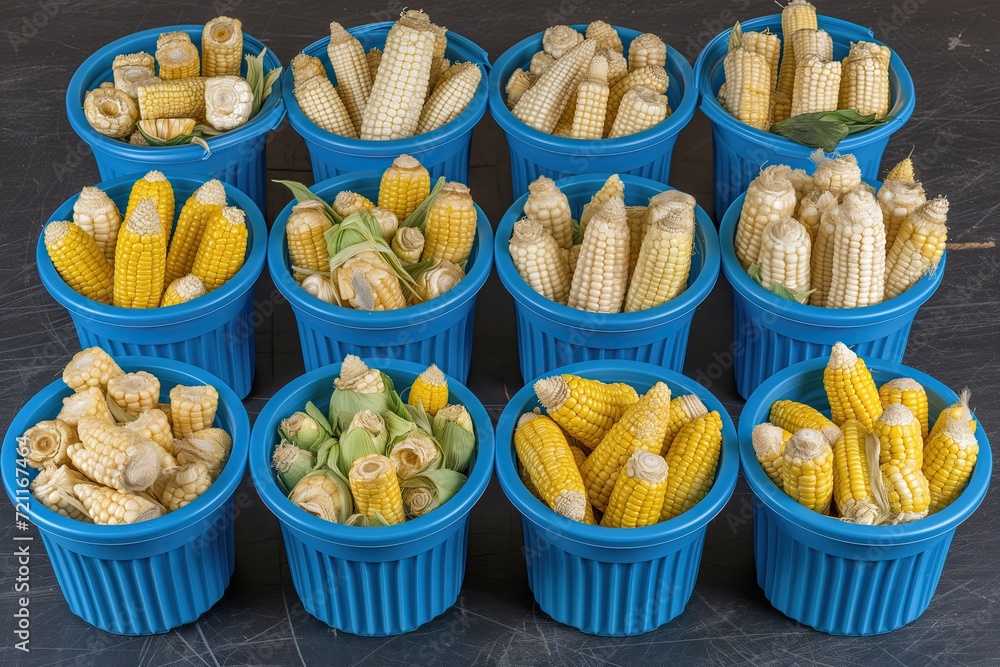 Corn in buckets. Maize. A dozen of blue plastic buckets. Corncob. Three rows of blue plastic baskets full of corn. Maize cob. Market. Corn ear. Earcorn. Twelve blue bowls full of corn cobs