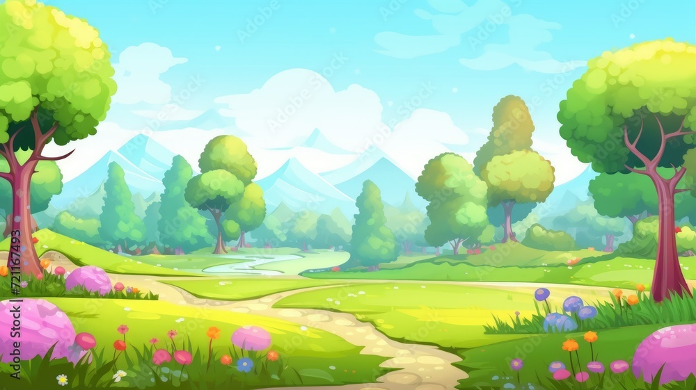 cartoon landscape featuring lush greenery, a serene pond, and distant mountains under a clear sky.