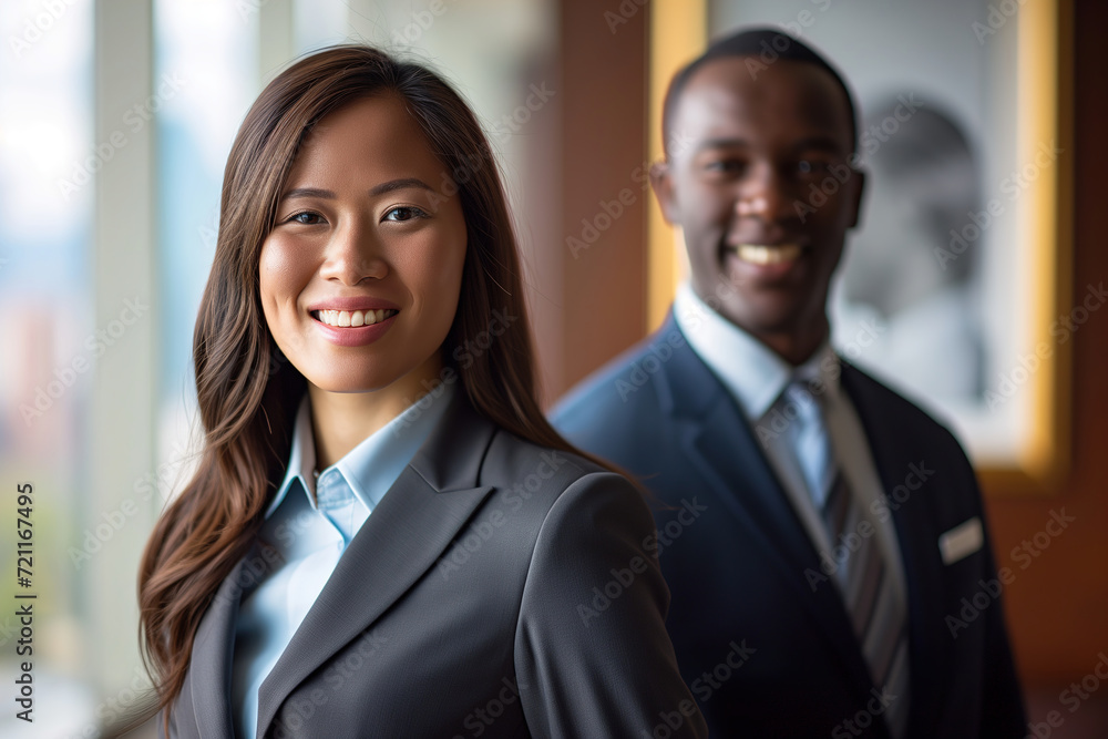 Smiling business man and woman of different races indoors Smiling business man and woman of different races indoors