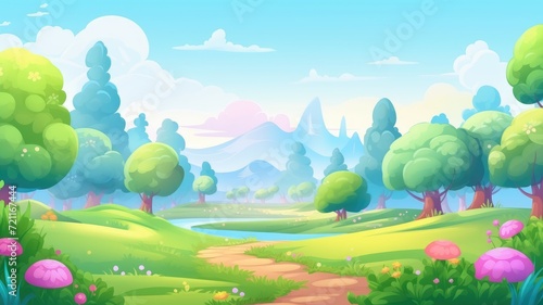 cartoon landscape featuring lush greenery  a serene pond  and distant mountains under a clear sky.