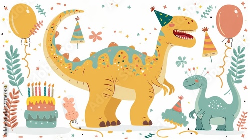 Cartoon dinosaur with birthday balloons  cake  and hats in a colorful birthday celebration scene.
