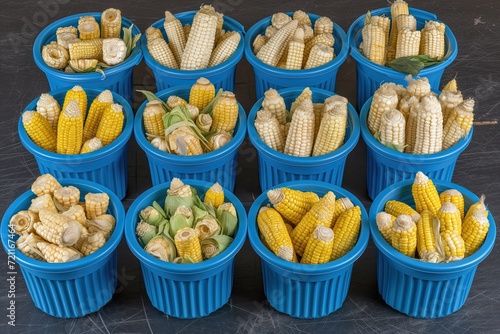 Corn in buckets. Maize. A dozen of blue plastic buckets. Corncob. Three rows of blue plastic baskets full of corn. Maize cob. Market. Corn ear. Earcorn. Twelve blue bowls full of corn cobs