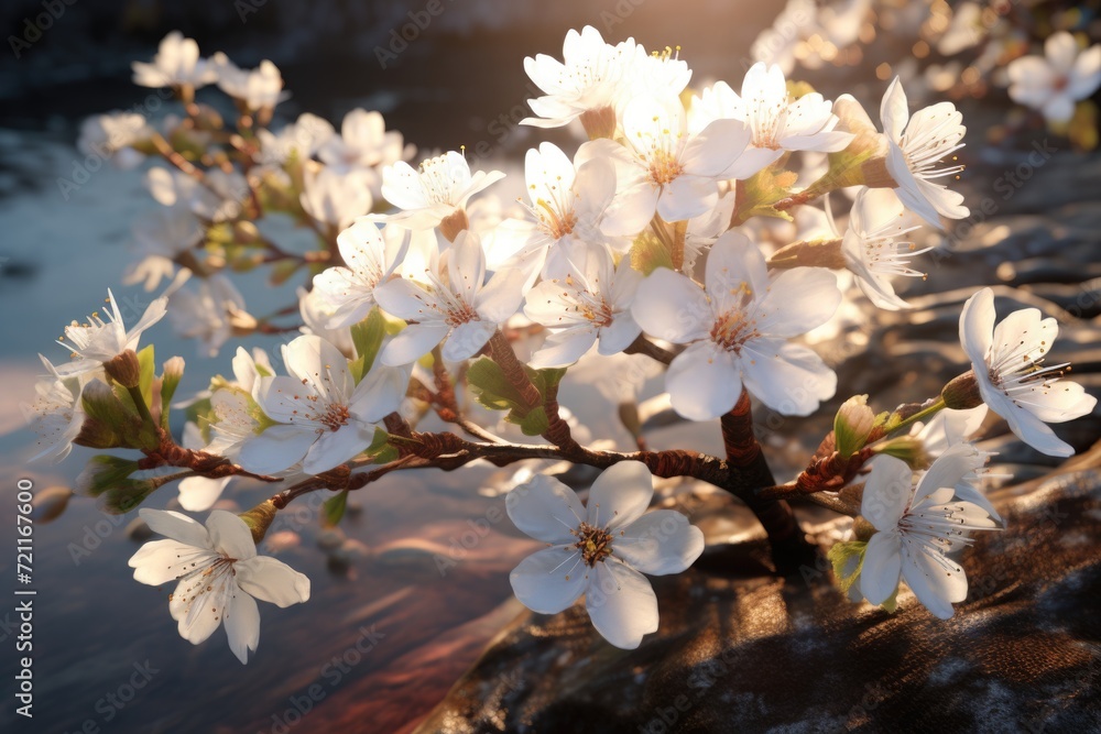 Spring border with white blossom background.