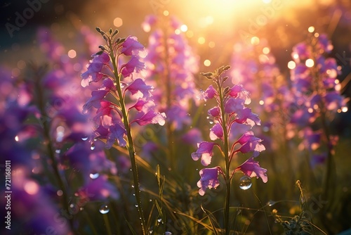 Morning dew on wildflowers at sunrise.
