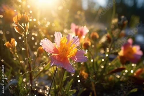 Morning dew on wildflowers at sunrise.