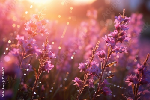 Morning dew on wildflowers at sunrise.