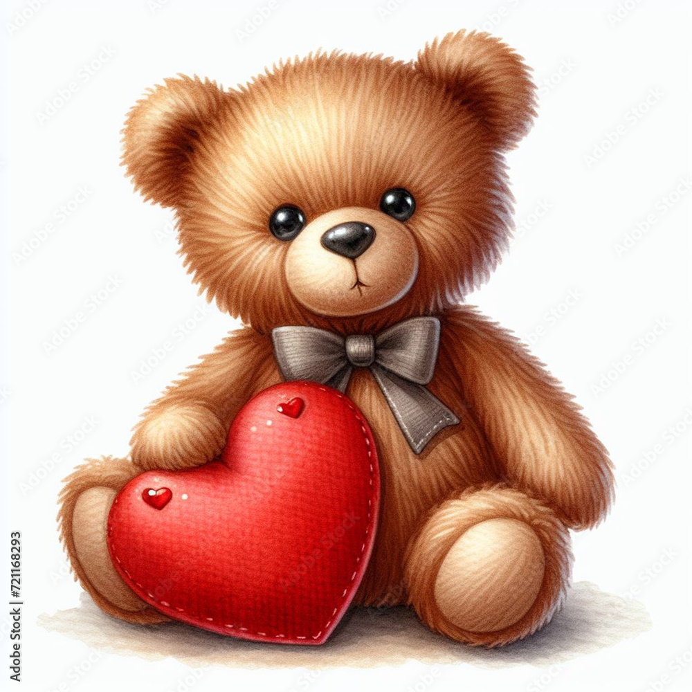 Valentine's Day - a single teddy bear sitting, It has brown with black button eyes, a stitched mouth, and a bow around its neck.  It is hugging a heart-shaped pillow.