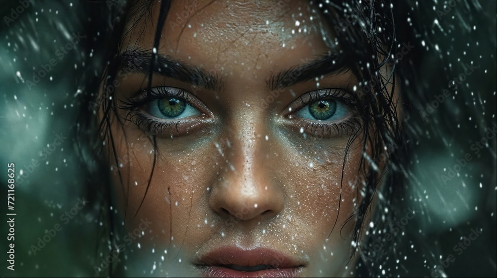 close up face of a young woman on a rainy day, outside