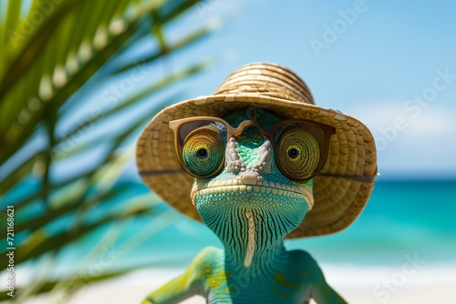 chameleon wearing sun glasses and straw hat with sea and palm trees in background