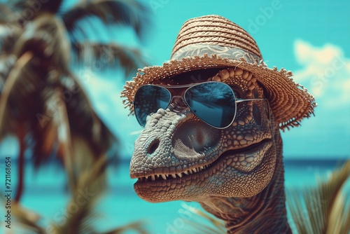 dinosaur wearing sun glasses and straw hat with sea and palm trees in background