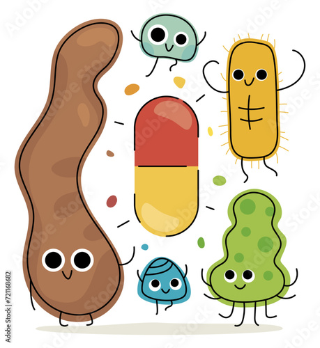 Illustration médicale colorée et joyeuse, microbiome et transplantation fécale pour soigner les maladies inflammatoires de l'intestin,microbiote, caca et médicament, bactéries bonnes pour la santé