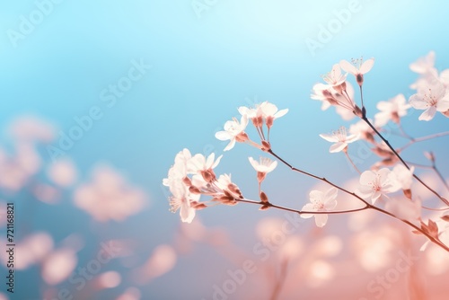 Delicate white flowers on soft blue and pink background.