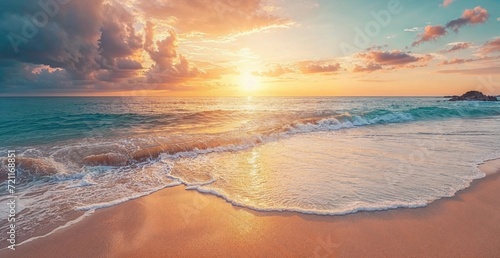 Exotic Sunset Beach in the Bahamas. Calm Honeymoon Seascape. Summer banner. photo