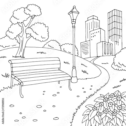 Bench in park graphic black white city landscape sketch illustration vector