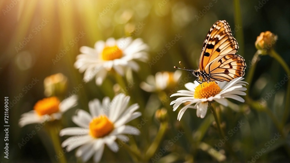 Field of daisies in golden rays of the setting sun in spring summer nature with an orange butterfly outdoors Field of daisies in golden rays of the setting sun in spring summer nature with an orange butterfly outdoors