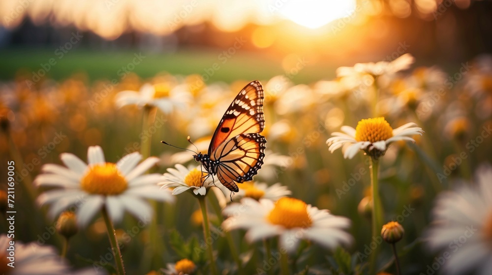 Field of daisies in golden rays of the setting sun in spring summer nature with an orange butterfly outdoors Field of daisies in golden rays of the setting sun in spring summer nature with an orange butterfly outdoors