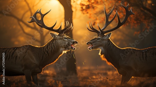 two stags are fighting in the middle of the savanna with sunrise