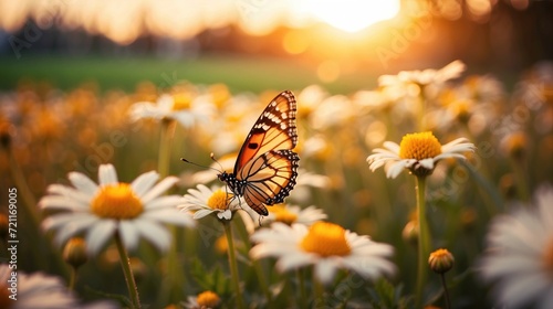 Field of daisies in golden rays of the setting sun in spring summer nature with an orange butterfly outdoors © Pham Ty