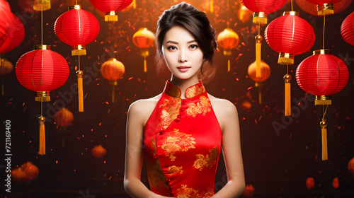 Portrait of beautiful young asian woman in traditional cheongsam dress with red lanterns. Chinese new year