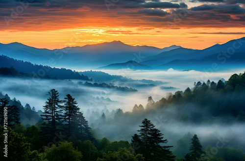 sunset over misty mountains