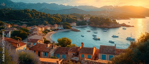 Serene coastal village at sunset, boats docked in peaceful harbor. perfect vacation spot by the sea. AI