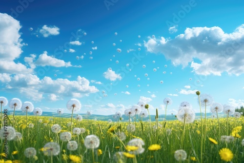 Beautiful meadow field with fresh grass and yellow dandelion flowers.