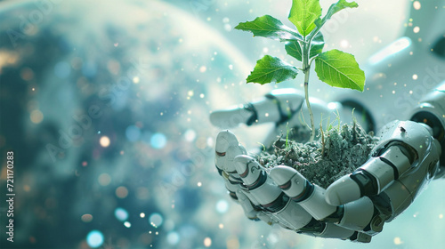 A robotic arm tenderly holds a sprouting plant against a cosmic backdrop.