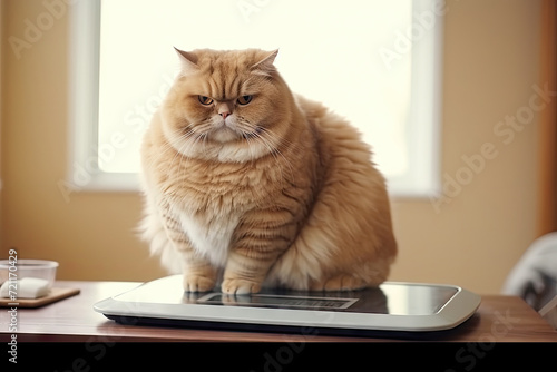 Fat Cat Sitting on Scales  Obesity Concept  Pet Overweight  Displeased Fluffy Kitty  Very Fat Cat
