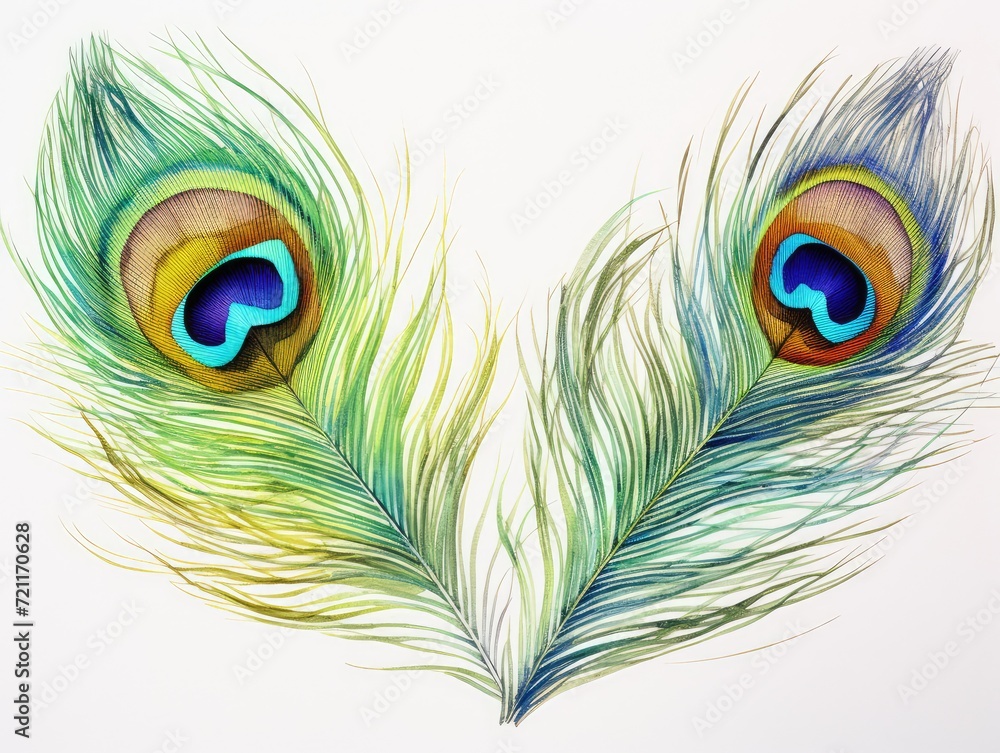 Obraz premium Watercolor Peacock Feather Isolated, Aquarelle Plumage, Creative Watercolor Exotic Feather Texture