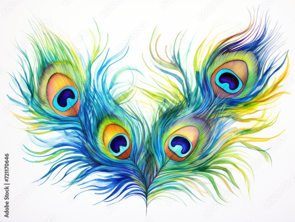 Obraz premium Watercolor Peacock Feather Isolated, Aquarelle Plumage, Creative Watercolor Exotic Feather Texture