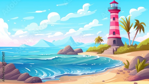 cartoon illustration Lighthouse on sea shore,