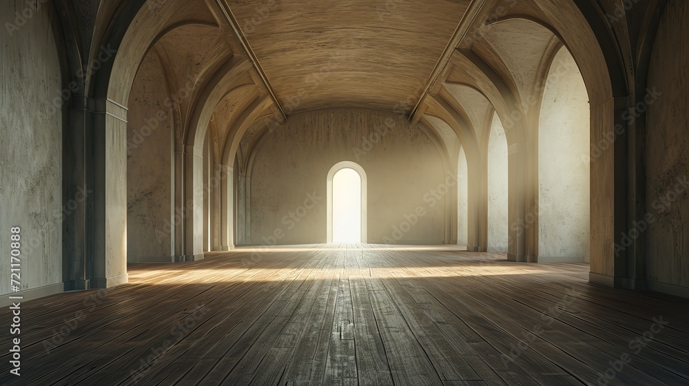 An empty hallway with gothic arches, bathed in the warm glow of sunlight, casting long shadows on the wooden floor.