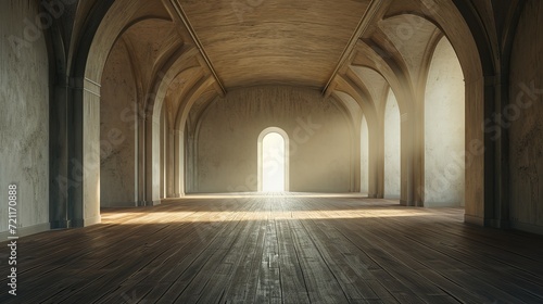 An empty hallway with gothic arches  bathed in the warm glow of sunlight  casting long shadows on the wooden floor.