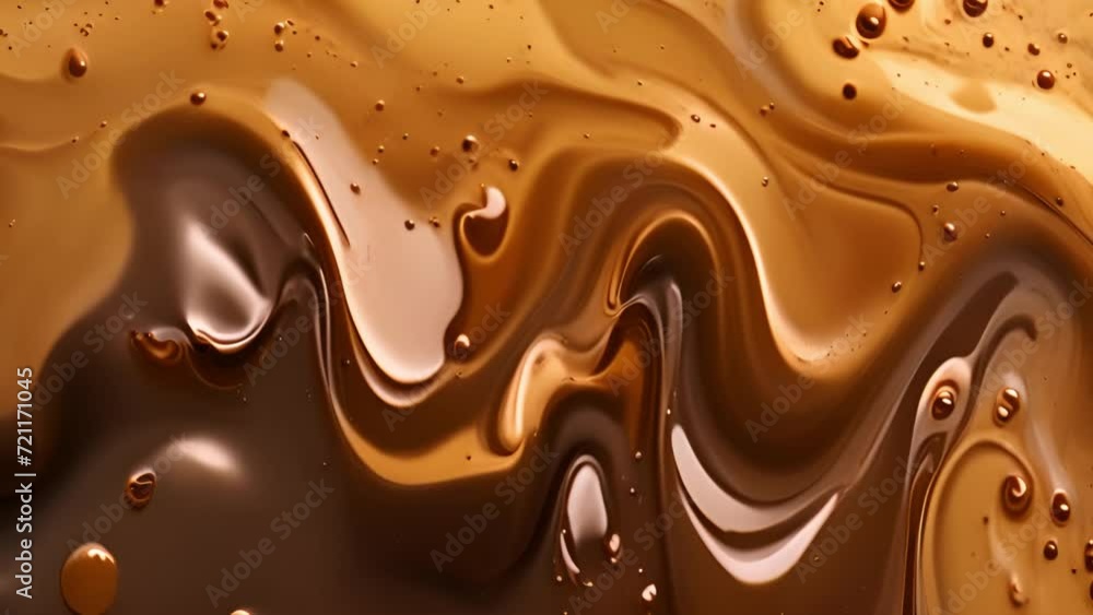 Stirring chocolate, hot melted liquid chocolate, mixing molten milk chocolate or dark caramel. Cooking handmade chocolate dessert and candies. Confectionery background texture flowing delicious