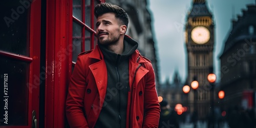 Stylish man leaning on iconic london red telephone booth. moody evening city vibe. AI