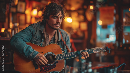 handsome guy musician with tousled hair and beard in old denim jacket playing guitar in bar