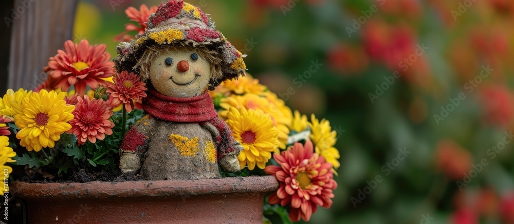 A small scarecrow adorns a planter with vibrant fall mums; the beauty of autumn is everywhere.