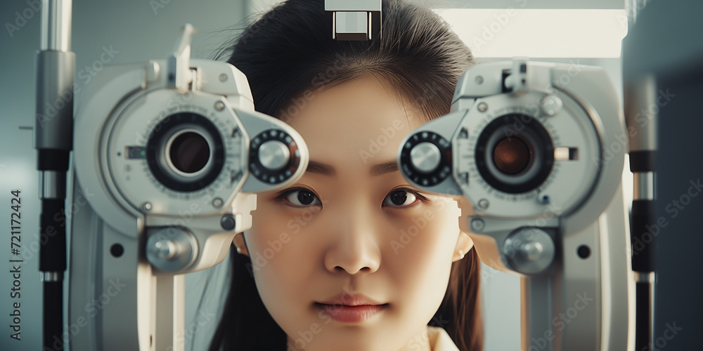 Asian woman visiting the ophthalmologist for an eye exam using the phoropter machine during eye care appointment. Person is having vision test at the optical store. Asian woman visiting the ophthalmologist for an eye exam using the phoropter machine during eye care appointment. Person is having vision test at the optical store.