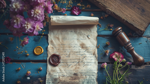old love letter with illegible beautiful handwriting on a wooden table surrounded by beautiful fresh spring wildflowers photo