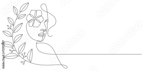 Women’s face line art style. International Women's Day continuous line art drawing. woman portrait with flower. Hand drawn feminine minimalistic modern art. Beauty and fashion concept.