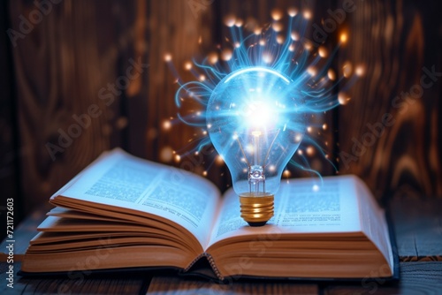 Innovation and inspiration concept illuminated light bulb on a book