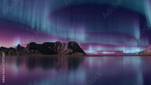 Majestic Sky with Aurora and Stars. Blue Northern Lights Background with copy-space.