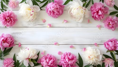 pastel pink peonies on white wooden table background top view © Oleksiy
