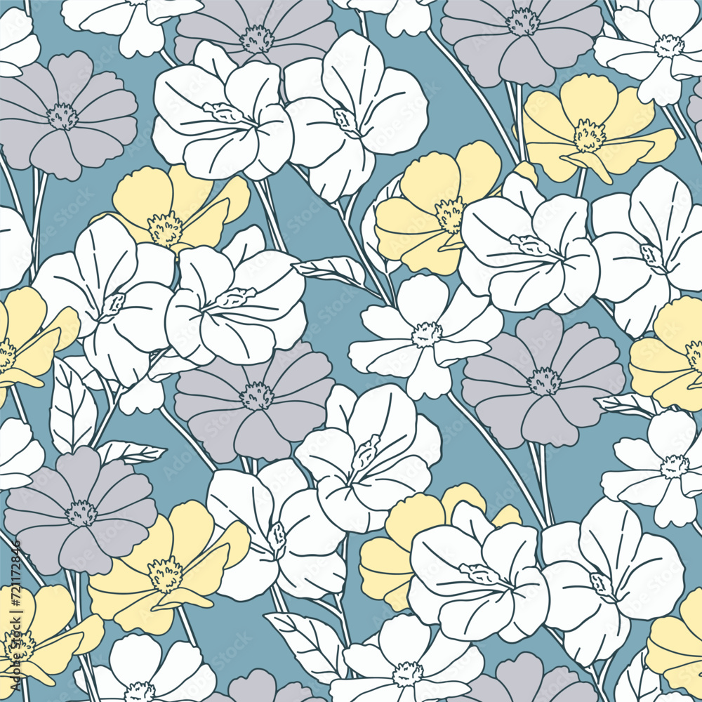 Seamless pattern of flowers, blue tone background, Modern floral pattern vector, Vintage floral background, Pattern for design wallpaper, Floral print design, Gift wrap paper and fashion prints. Seamless pattern of flowers, blue tone background, Modern floral pattern vector, Vintage floral background, Pattern for design wallpaper, Floral print design, Gift wrap paper and fashion prints.