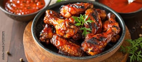 Delicious grilled chicken wings with tangy bbq sauce, served rustic-style.