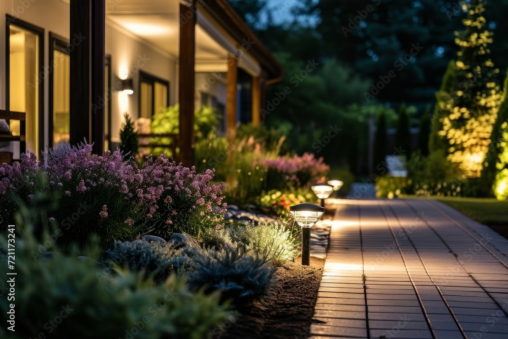 Modern gardening landscaping design details. Illuminated pathway in front of residential house. Landscape garden with ambient lighting system installation highlighting flowers, Generative AI